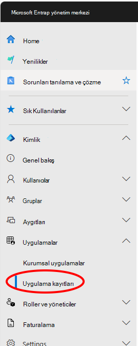 Entra yönetim merkezi uygulama kayıtları menü konumunun ekran görüntüsü.