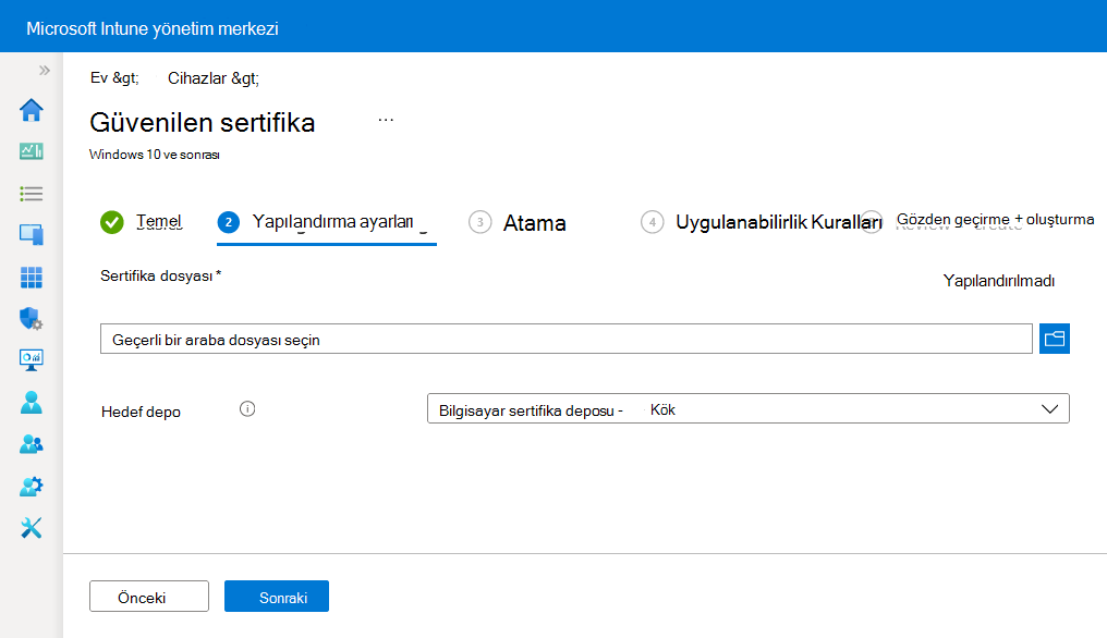 Sertifika karşıya yükleme alanı ve hedef depolama seçenekleriyle yapılandırma profili formu