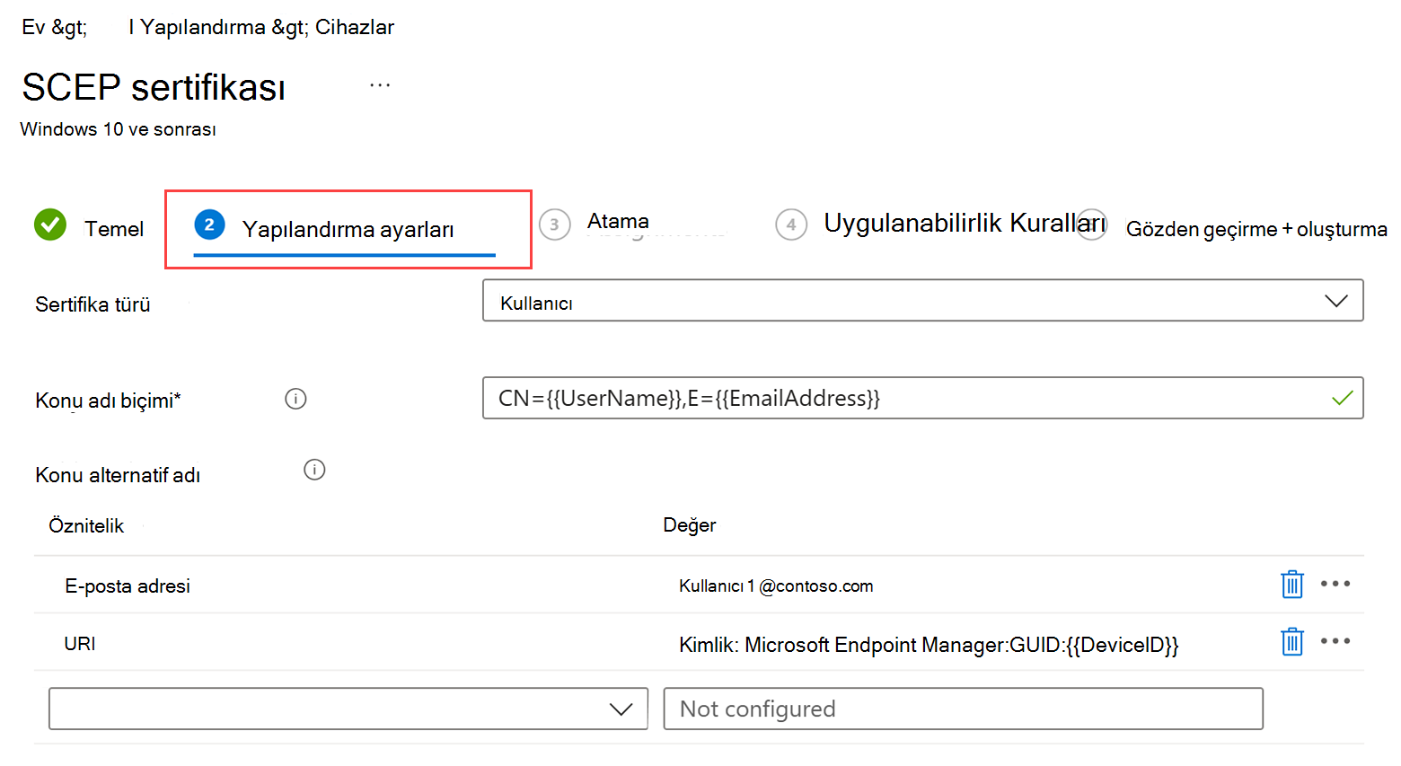 Yapılandırma ayarları etiketini vurgulayan SCEP sertifika profili oluşturma akışının ekran görüntüsü.