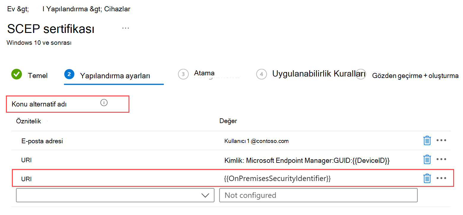 Konu alternatif adı bölümünü ve tamamlanmış URI ve Değer alanlarını vurgulayan SCEP sertifika profilinin ekran görüntüsü.