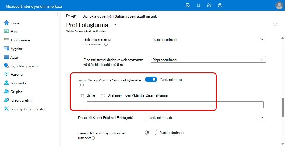 Yalnızca Saldırı Yüzeyi Azaltma Dışlamaları ayarının ekran görüntüsü.