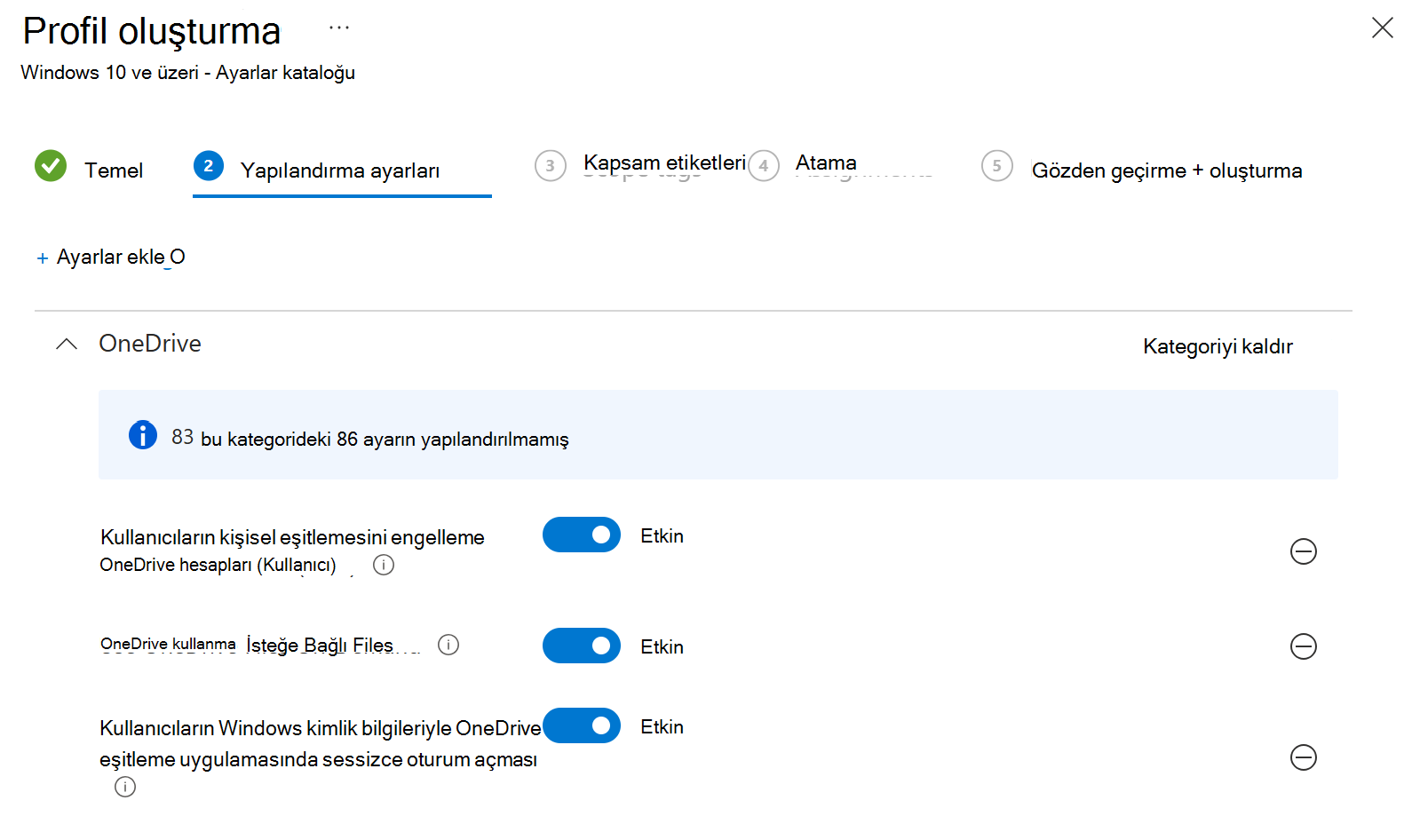 TMicrosoft IntuneMicrosoft Intune'da OneDrive ayarları katalog ilkesi oluşturmayı gösteren ekran görüntüsü.