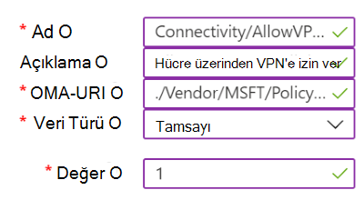 Microsoft Intune'da VPN ayarlarını içeren özel ilke örneğini gösteren ekran görüntüsü.