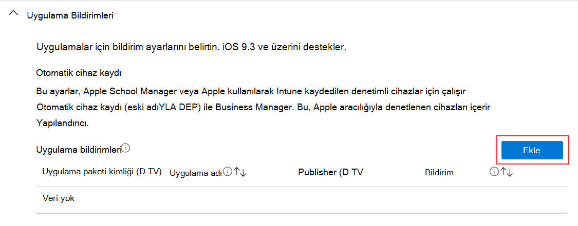Microsoft Intune'de iOS/iPadOS cihaz özellikleri yapılandırma profiline uygulama bildirimi ekleme