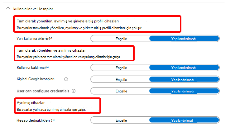 Android Kurumsal Kullanıcılar ve Hesaplar ayarı üst bilgilerini ve Microsoft Intune'da uygulandıkları kayıt türlerini gösteren ekran görüntüsü.