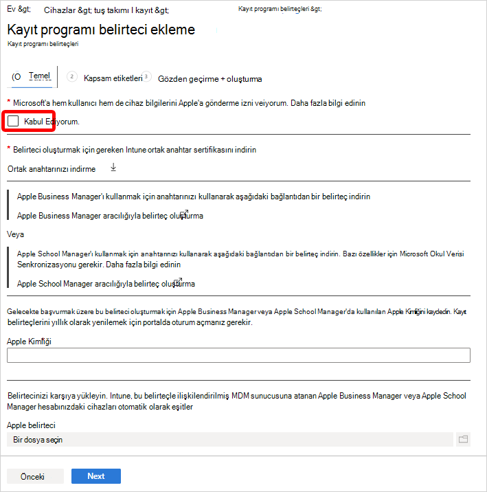 Kayıt programı belirteci ekle ekranını gösteren ekran görüntüsü.