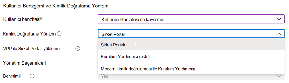 Kimlik doğrulama yöntemi seçeneklerinin ekran görüntüsü.