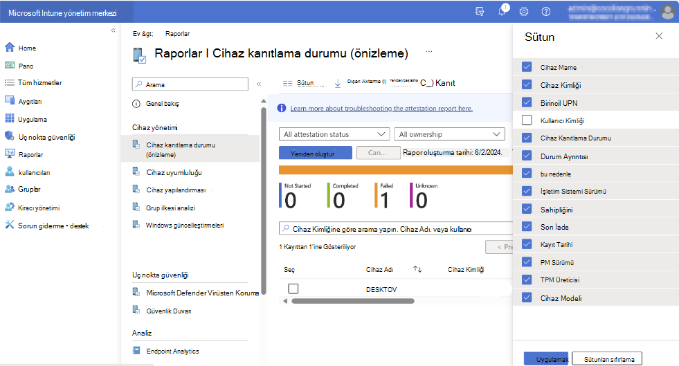 Cihaz kanıtlama raporunun ekran görüntüsü