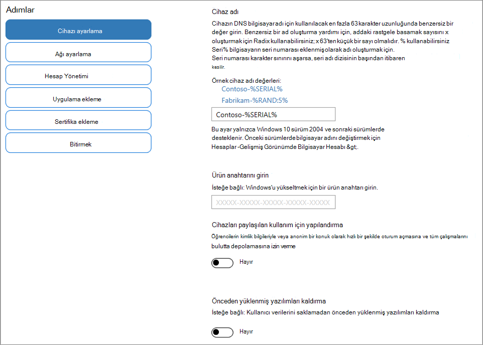 Windows Yapılandırma Designer uygulamasında ad ve ürün anahtarı belirtme ekran görüntüsü