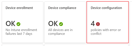 Pano'da, Microsoft IntuneMicrosoft Intune ve IntuneIntune admin center'daki cihaz yapılandırma profilleriyle ilgili hataları veya çakışmaları görmek için hata veya çakışma içeren ilkeleri seçin.