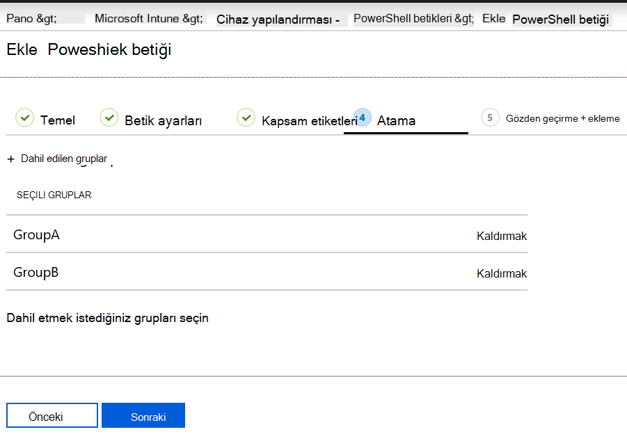powershell betiğini Microsoft Intune cihaz gruplarına atama veya dağıtma