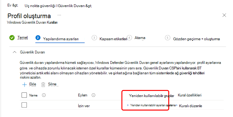 Yeniden kullanılabilir bir grubu yapılandırmaya yönelik Yapılandırma ayarları iş akışının ekran görüntüsü.
