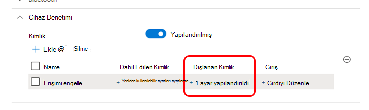 Yalnızca hariç tutulan bir kimlik için grup seçme sonucunu gösteren ekran görüntüsü.