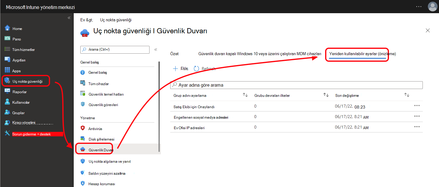 Microsoft Intune yönetim merkezinde Güvenlik Duvarı ilkeleri için Yeniden Kullanılabilir ayarlar sekmesini gösteren ekran görüntüsü.