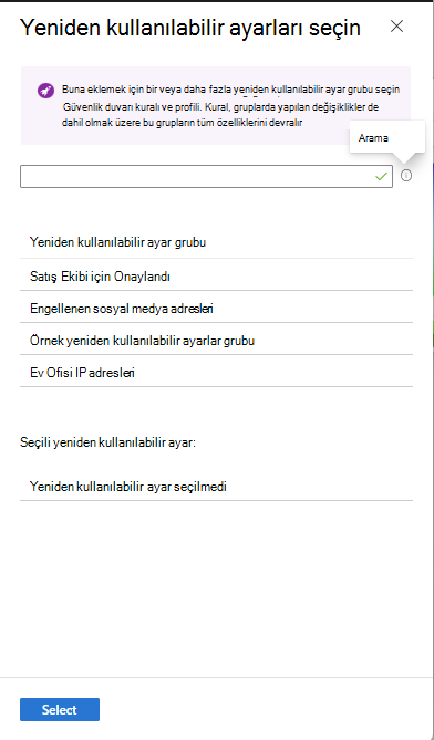 Yeniden kullanılabilir ayarları seçin bölmesini gösteren ekran görüntüsü.
