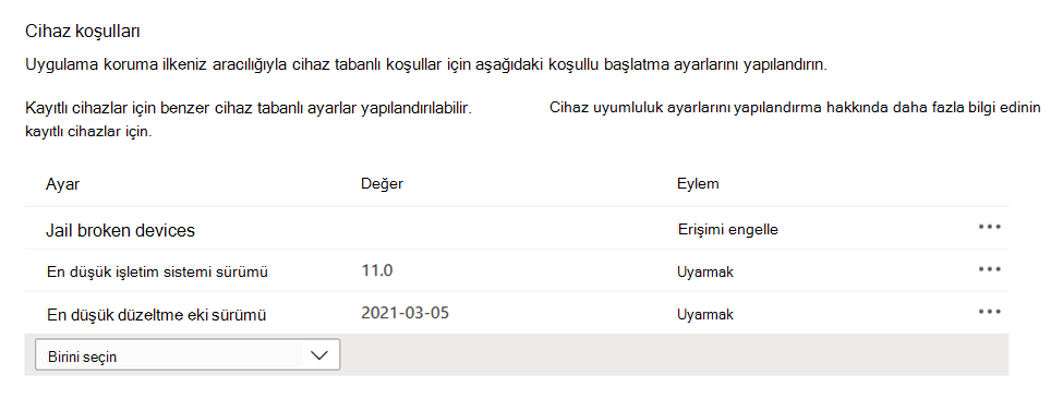 Microsoft Intune yönetim merkezindeki bir uygulama koruma ilkesindeki cihaz tabanlı koşulları gösteren ekran görüntüsü.