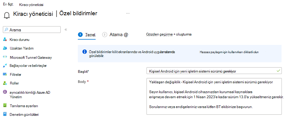 Microsoft Intune yönetim merkezinde özel bildirim iletisini gösteren ekran görüntüsü.