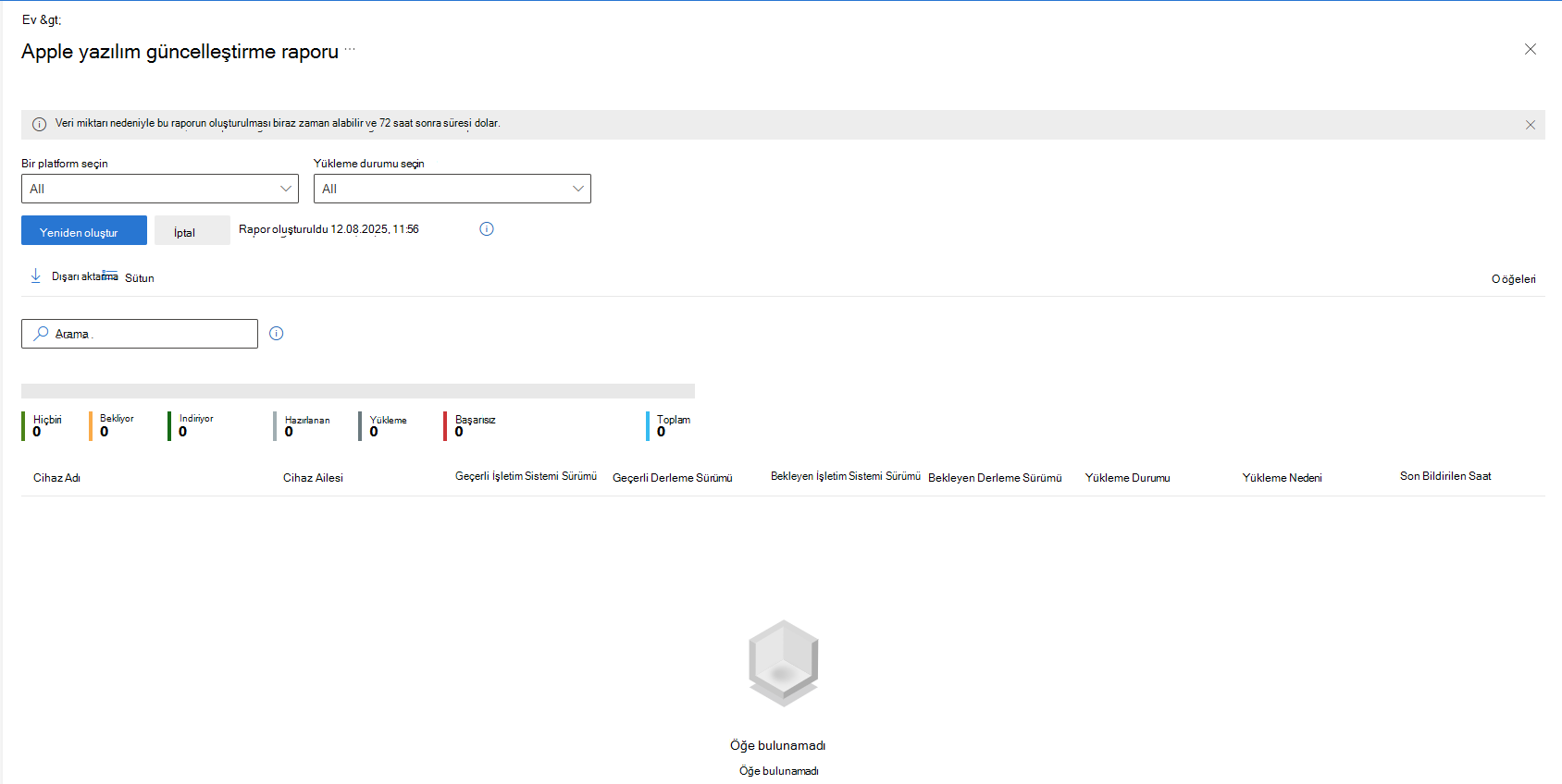 Apple yazılım güncelleştirme raporunu gösteren ekran görüntüsü.