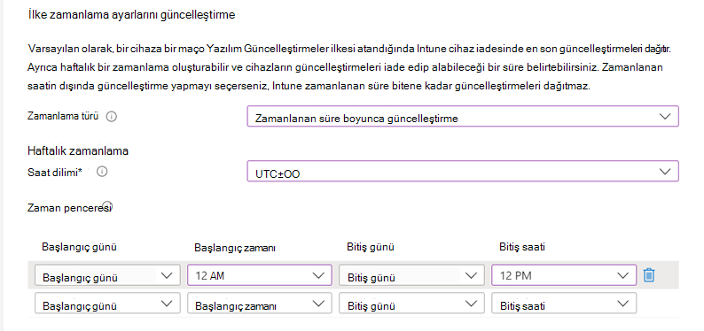 Güncelleştirme ilkesi zamanlama ayarlarının ekran görüntüsü.