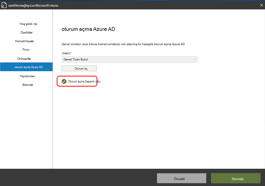 Microsoft Entra ID oturum açma başarılı oldu.