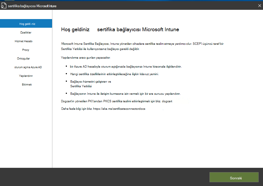 Microsoft Intune için Sertifika Bağlayıcısı sihirbazının Hoş Geldiniz sayfası.
