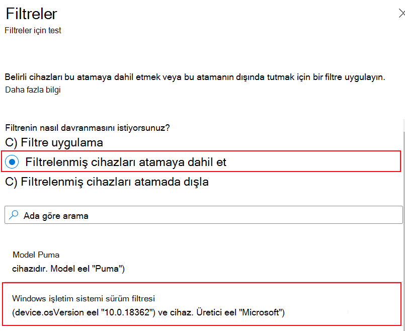Microsoft Intune'da ilke atarken atama filtresinin nasıl eklendiğini gösteren ekran görüntüsü.
