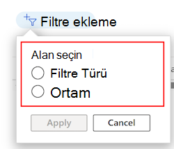 Microsoft Intune'de mevcut atama filtresi listesini platforma ve profil türüne göre filtrelemeyi gösteren ekran görüntüsü.