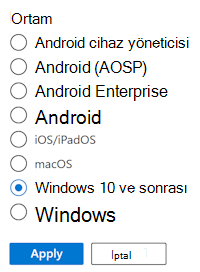 Microsoft Intune'da ödev filtrelerinin filtrelenmiş listesini ve kullanılabilir tüm platform seçeneklerini gösteren ekran görüntüsü.
