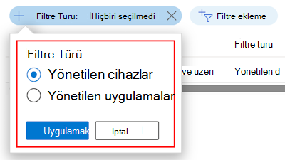 Microsoft Intune'da yönetilen cihazlara göre atama filtrelerinin filtrelenmiş listesini gösteren ekran görüntüsü.