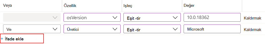 Microsoft Intune'da bir ifade atama filtresi oluşturmak ve ilkelerinize atamak için kural oluşturucunun nasıl kullanılacağını gösteren ekran görüntüsü.