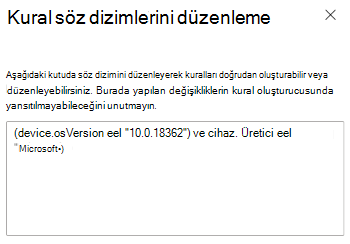 Microsoft Intune kural söz diziminizi girmek için ifade oluşturucunun nasıl kullanılacağını gösteren ekran görüntüsü.