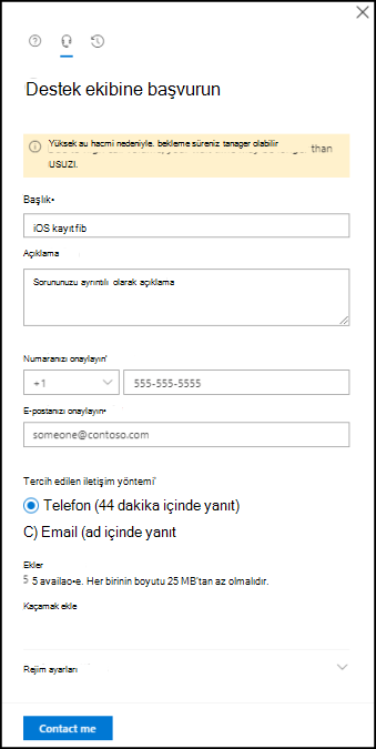 Intune yönetim merkezinde kişi destek formunu gösteren ekran görüntüsü.