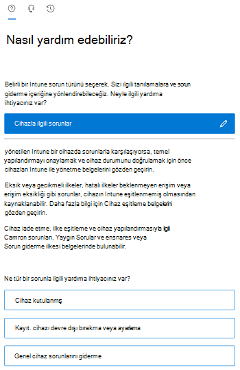 Intune yönetim merkezinde filtrelenmiş senaryo seçeneklerini gösteren ekran görüntüsü.