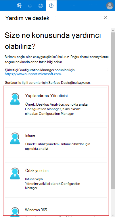 Microsoft Intune yönetim merkezinde aboneliğinizdeki kullanılabilir yardım ve destek hizmetlerini gösteren ekran görüntüsü.