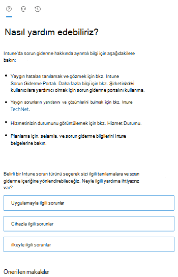 Intune yönetim merkezinde senaryo seçeneklerini gösteren ekran görüntüsü.