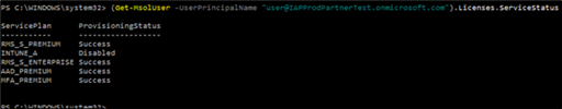 Kullanıcı lisansı ve hizmet durumu doğrulamasını gösteren PowerShell çıkışı.