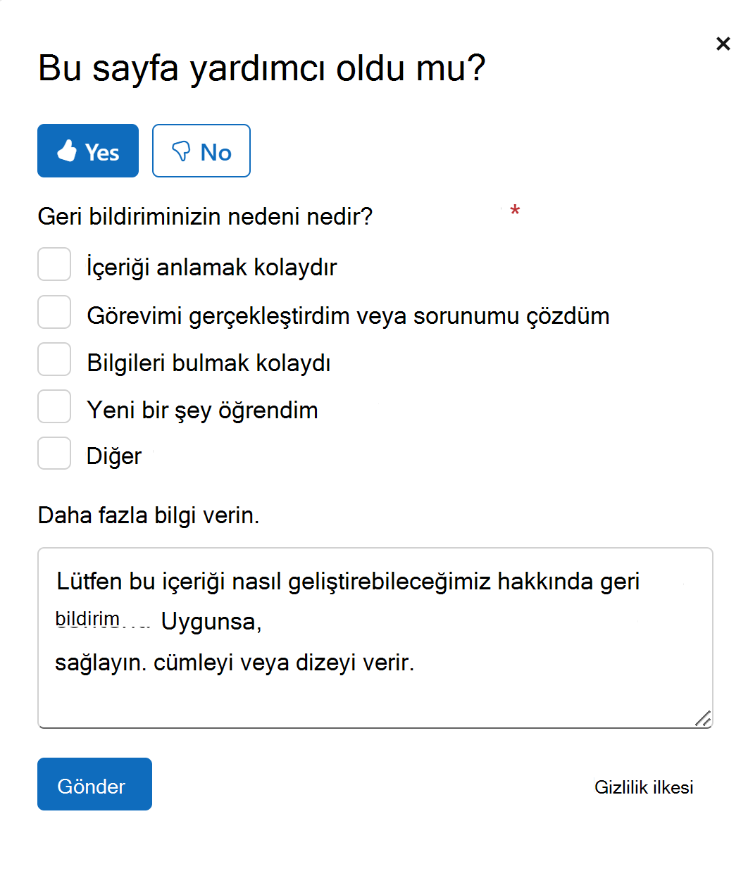 Microsoft Learn makalesinin geri bildirim bölümünün ekran görüntüsü.