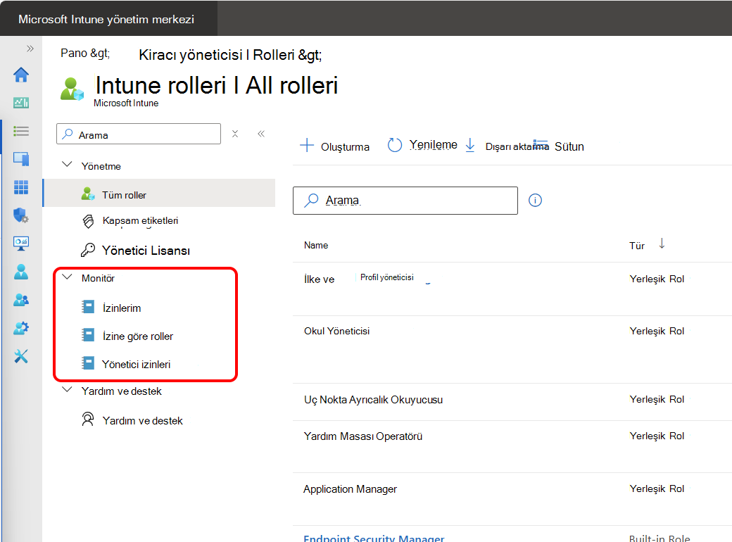 Intune yönetim merkezindeN RBAC izleme seçeneklerinin ekran görüntüsü.