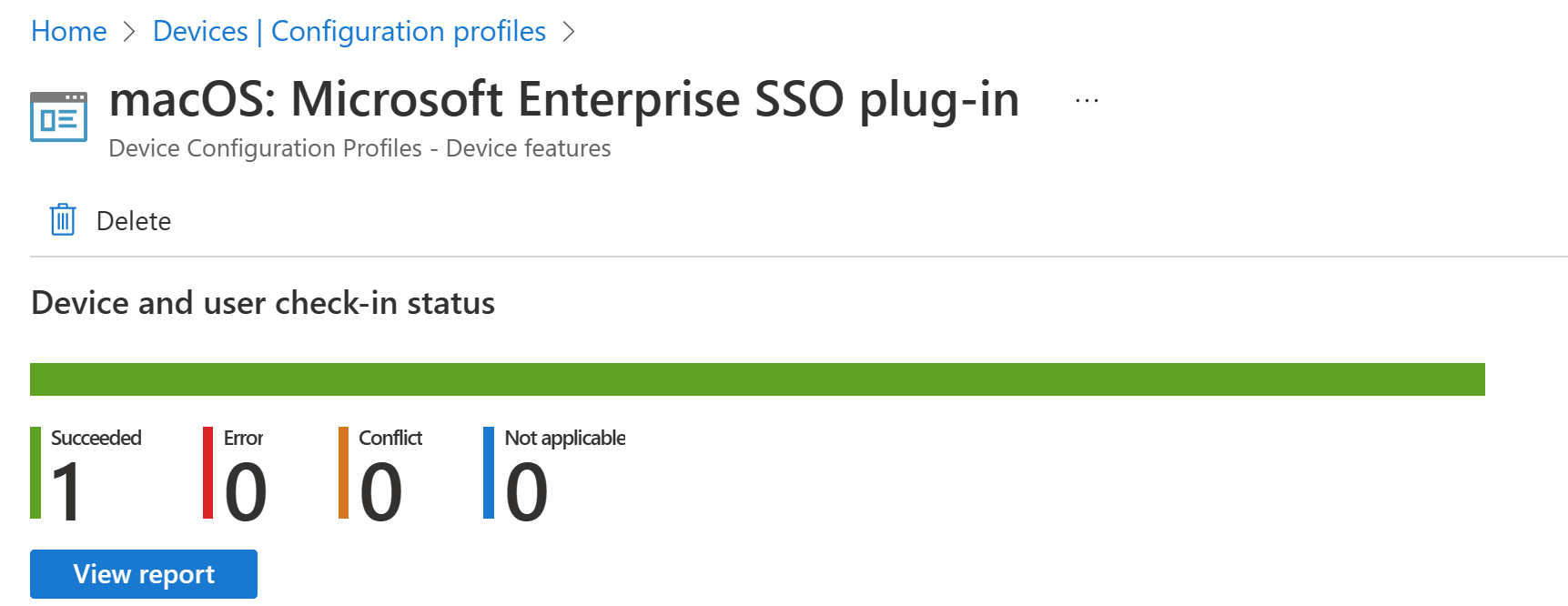 Microsoft Intune'de macOS cihaz yapılandırma profili dağıtım raporunu gösteren ekran görüntüsü.