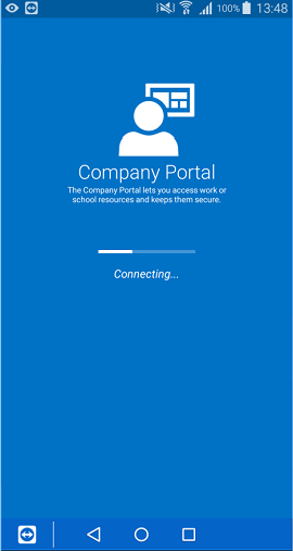 Android için Şirket Portalı uygulaması oturum açma ekranı, altında 'Bağlanıyor' ifadesini içeren kısmen doldurulmuş bir yükleme çubuğu gösterir.