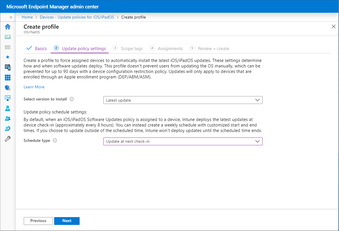 Microsoft Intune örnek yazılım güncelleştirme ilkesi ayarlarını gösteren ekran görüntüsü.