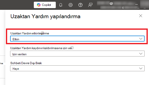 Uzaktan Yardım etkinleştirebileceğiniz kiracı yönetimi ekranının ekran görüntüsü.
