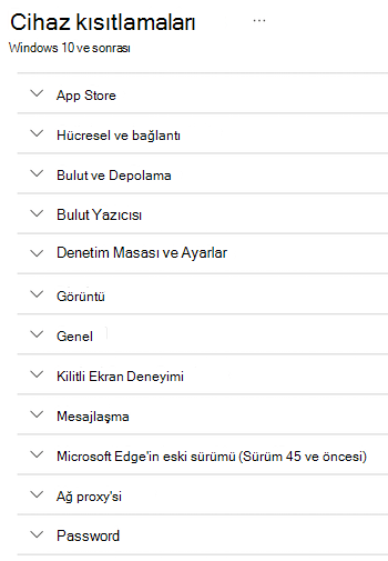 Tüm cihaz kısıtlamaları ayarları Windows cihazları için Microsoft IntuneMicrosoft Intune.