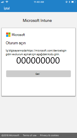 İş bilgisayarınızdan benzersiz bir geçiş koduyla sayfaya https://microsoft.com/devicelogin gitmek ve ardından kodu kullanarak oturum açmak için yönergeler sağlanır.