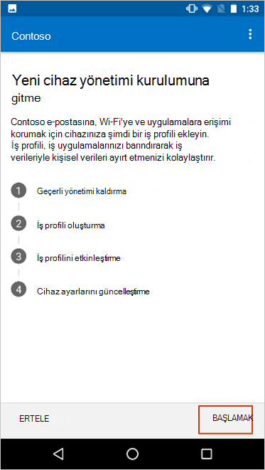 Yeni cihaz yönetimi kurulumuna taşı ekranı, başlangıç düğmesini vurgular.