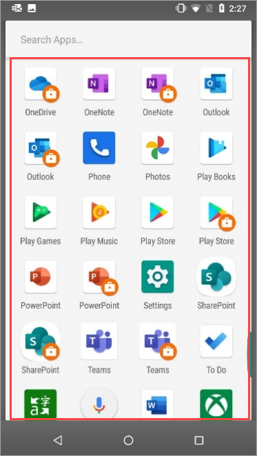 Nexus 5X uygulama çekmecesinde iş uygulamalarının ve kişisel uygulamaların bir arada ekran görüntüsü.