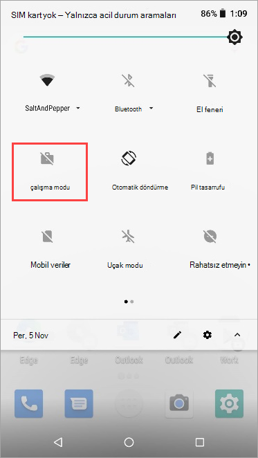 Nexus 5X hızlı ayarlarında etkin olmayan çalışma modu simgesinin ekran görüntüsü.