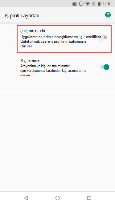 Nexus 5X cihaz ayarlarında açık olan İş profili değiştirme anahtarının ekran görüntüsü.