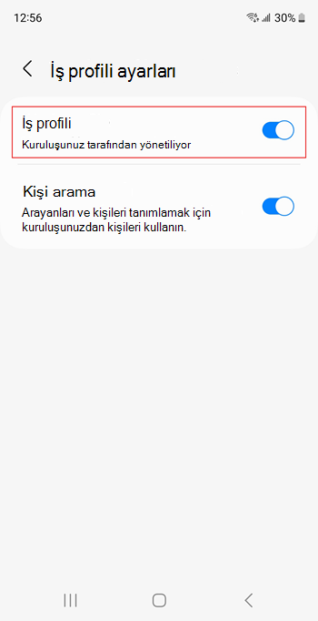 Samsung Galaxy S20 cihaz ayarlarında Açık olan İş profili değiştirme anahtarının ekran görüntüsü.