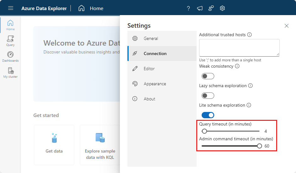 Azure Veri Gezgini web kullanıcı arabiriminde zaman aşımı uzunluğunu denetleen ayarların ekran görüntüsü.